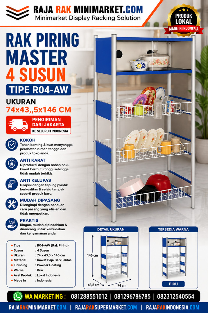 RAK PIRING MASTER 4 SUSUN TIPE R04-AW UKURAN 74×43,5×146 CM | RAJA RAK INDONESIA
