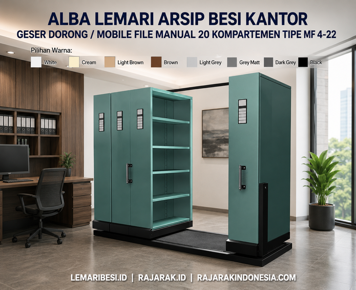 ALBA LEMARI ARSIP BESI KANTOR GESER DORONG / MOBILE FILE MANUAL 20 KOMPARTEMEN TIPE MF 4-22: Solusi Penyimpanan Arsip Modern yang Hemat Ruang, Rapi, dan Profesional