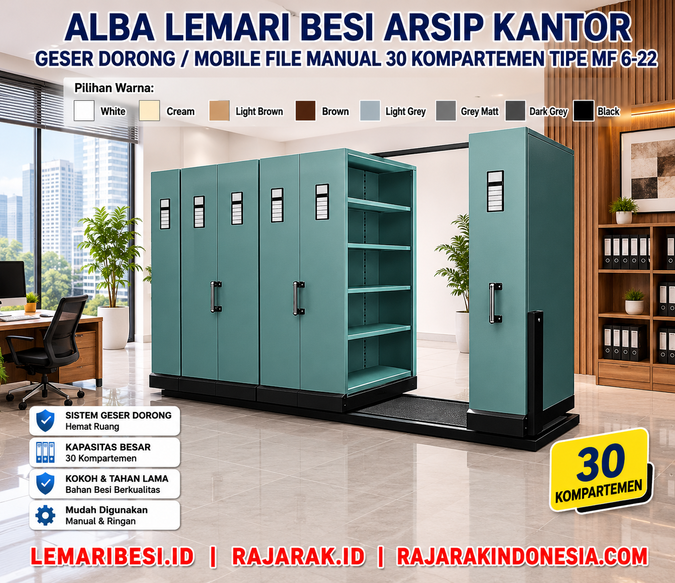 ALBA LEMARI BESI ARSIP KANTOR GESER DORONG / MOBILE FILE MANUAL 30 KOMPARTEMEN TIPE MF 6-22: Solusi Penyimpanan Arsip Kantor yang Modern, Aman, dan Hemat Ruang