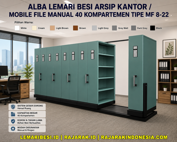 ALBA LEMARI BESI ARSIP KANTOR / MOBILE FILE MANUAL 40 KOMPARTEMEN TIPE MF 8-22: Solusi Penyimpanan Arsip Kantor Modern dengan Kapasitas Besar dan Hemat Ruang