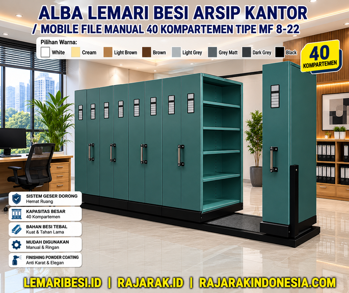 ALBA LEMARI BESI ARSIP KANTOR / MOBILE FILE MANUAL 40 KOMPARTEMEN TIPE MF 8-22: Solusi Penyimpanan Arsip Kantor Modern dengan Kapasitas Besar dan Hemat Ruang