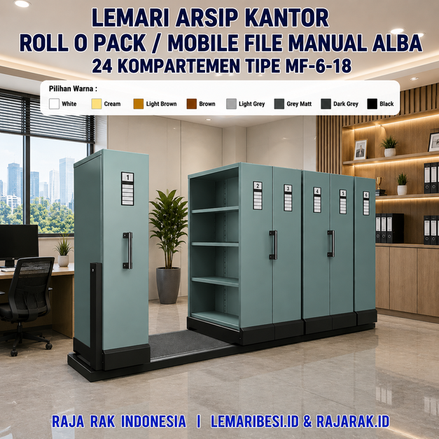 LEMARI ARSIP KANTOR ROLL O PACK / MOBILE FILE MANUAL ALBA 24 KOMPARTEMEN TIPE MF-6-18: Solusi Penyimpanan Arsip Modern yang Hemat Ruang dan Berkapasitas Besar