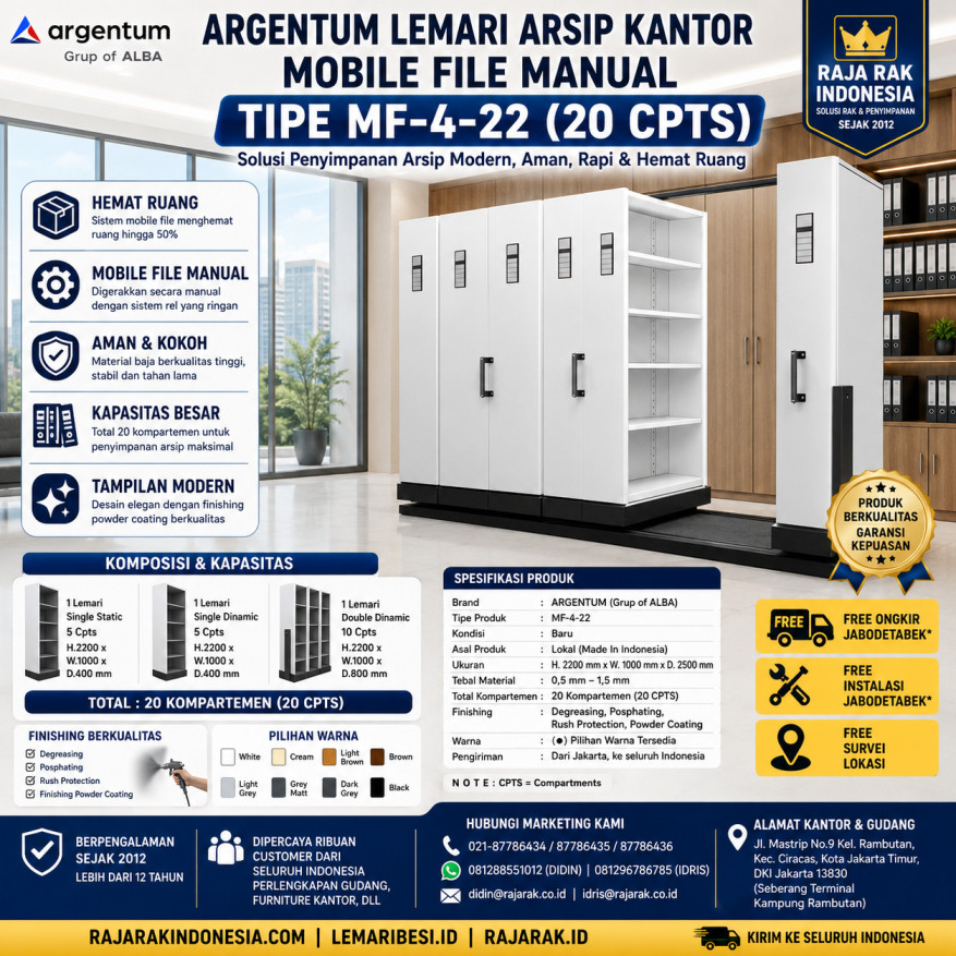 ARGENTUM LEMARI ARSIP KANTOR MOBILE FILE MANUAL TIPE MF-4-22 (20 CPTS)