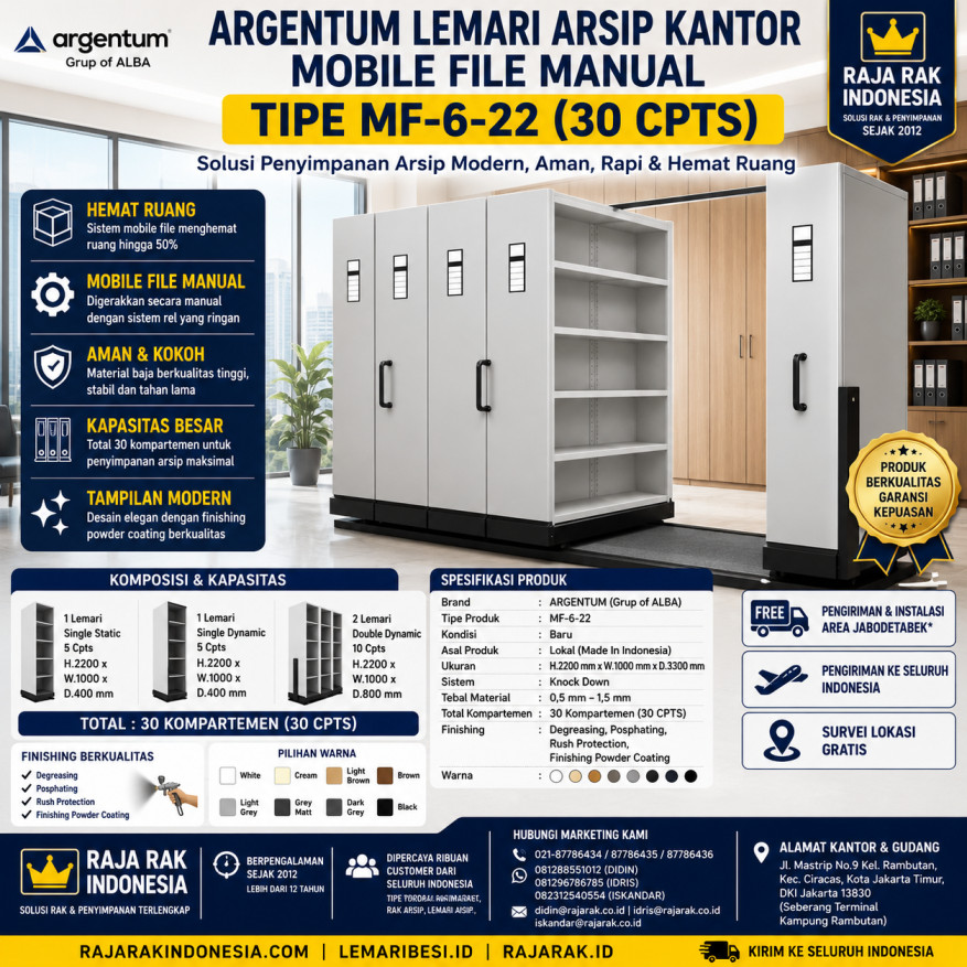 ARGENTUM LEMARI ARSIP KANTOR MOBILE FILE MANUAL TIPE MF-6-22 (30 CPTS) - Gambar 2