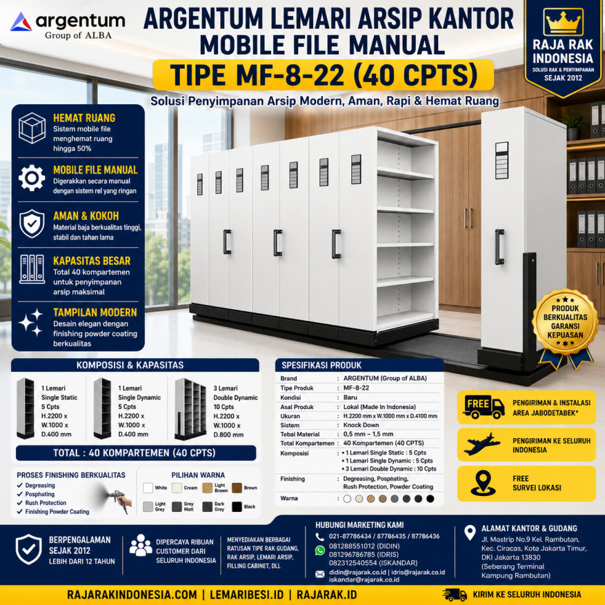 ARGENTUM LEMARI ARSIP KANTOR MOBILE FILE MANUAL TIPE MF-8-22 (40 CPTS) | RAJA RAK INDONESIA