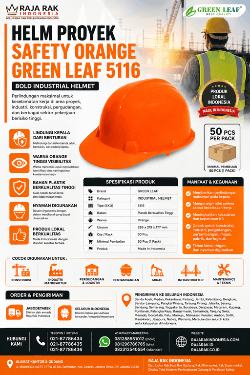 HELM PROYEK SAFETY ORANGE GREEN LEAF 5116 (BOLD INDUSTRIAL HELMET): Pelindung Kepala Andal untuk Lingkungan Kerja Industri
