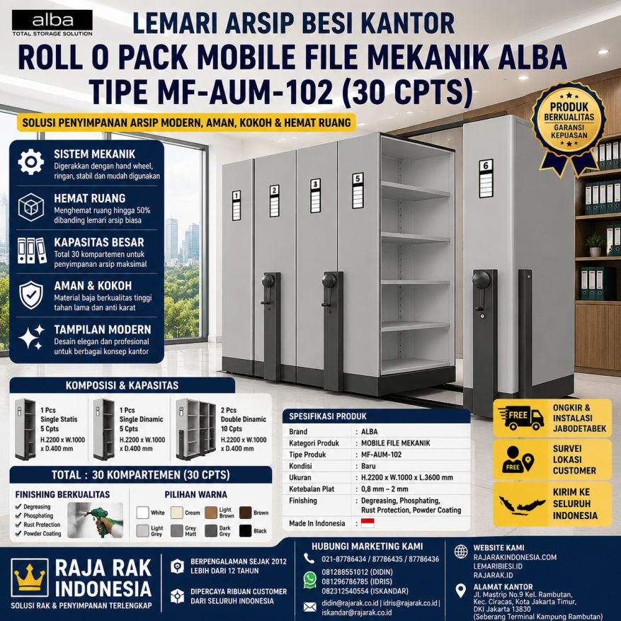 LEMARI ARSIP BESI KANTOR ALBA ROLL O PACK MOBILE FILE MEKANIK TIPE MF-AUM-102 (30 CPTS) | RAJA RAK INDONESIA